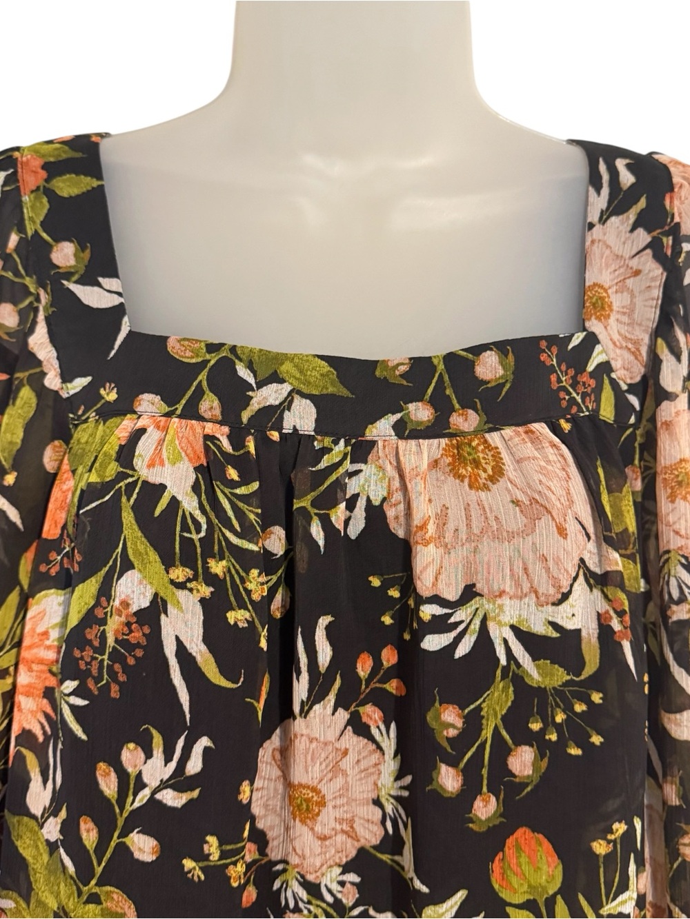 Floral Square-Neck Peasant Blouse in Black and Coral PLUS: 1X #G - Picture 2 of 9